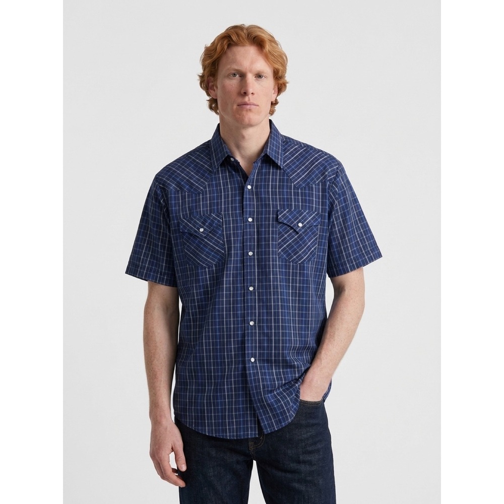 Plains Western Wear VTG Mens XL Navy Blue Plaid Short Sleeve Pearl Snap Shirt